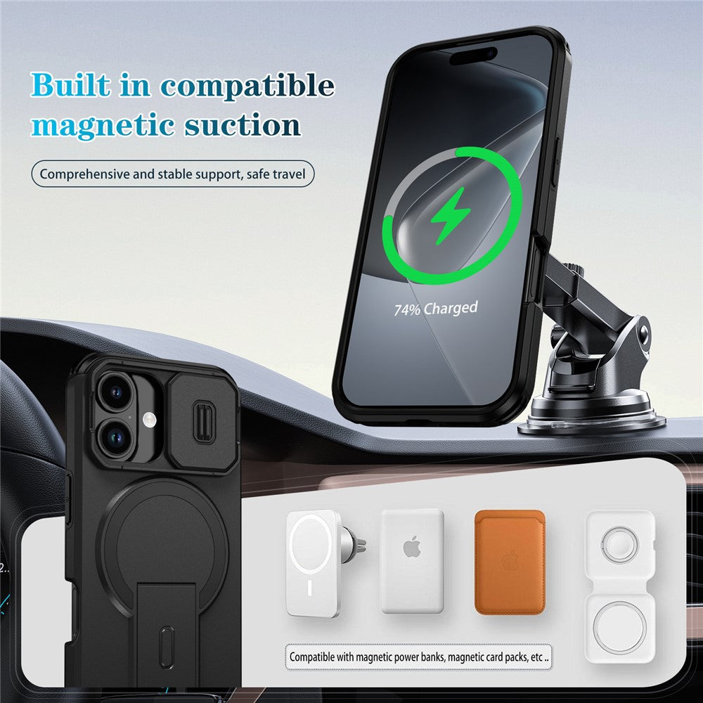 Til iPhone 18 / 17 cover med støttefod og kamera skyder PC + TPU telefoncover Kompatibel med MagSafe