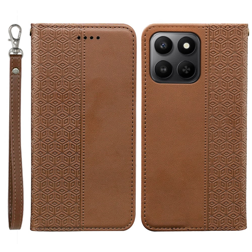 Wallet Phone Case For Honor 400 Smart 5G / 4G / X7d 4G Checkered Pattern Imprint Leather Flip Cover with Wrist Strap