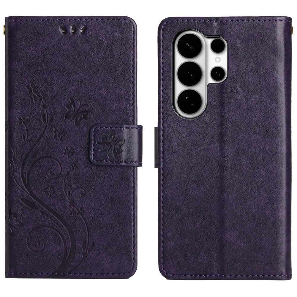 For Samsung Galaxy S26 Ultra Leather Wallet Case Butterfly Flower Imprinted Phone Cover with Strap