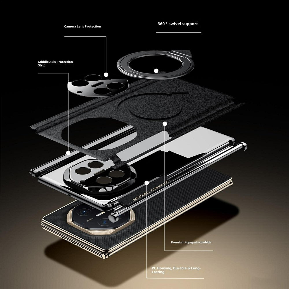SULADA För Huawei Mate XT Ultimate / XTs Ultimate Magnetiskt Skal Roterande Stativ Dubbelaxlat mobilskal i Äkta Koläder