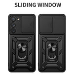Anti-scratch Phone Case For Samsung Galaxy S23+, Ring Kickstand PC + TPU Back Cover with Slide Camera Protector