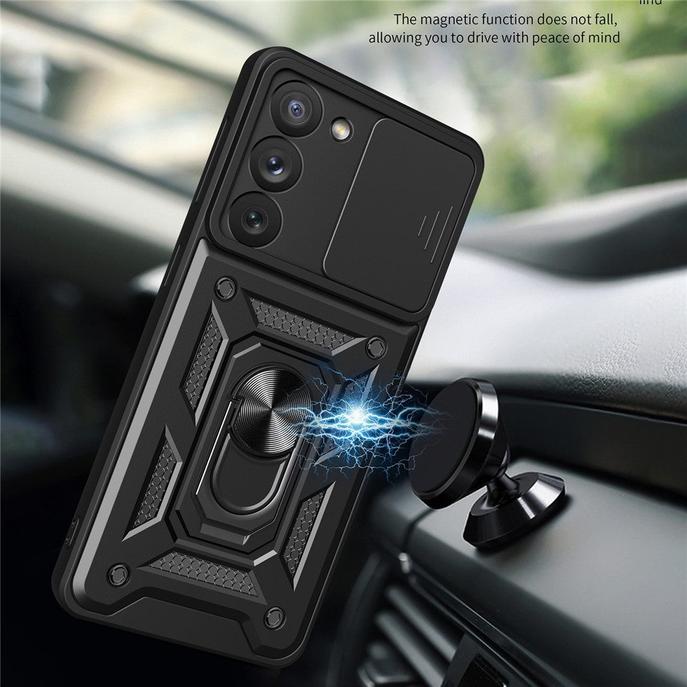 Anti-scratch Phone Case For Samsung Galaxy S23+, Ring Kickstand PC + TPU Back Cover with Slide Camera Protector