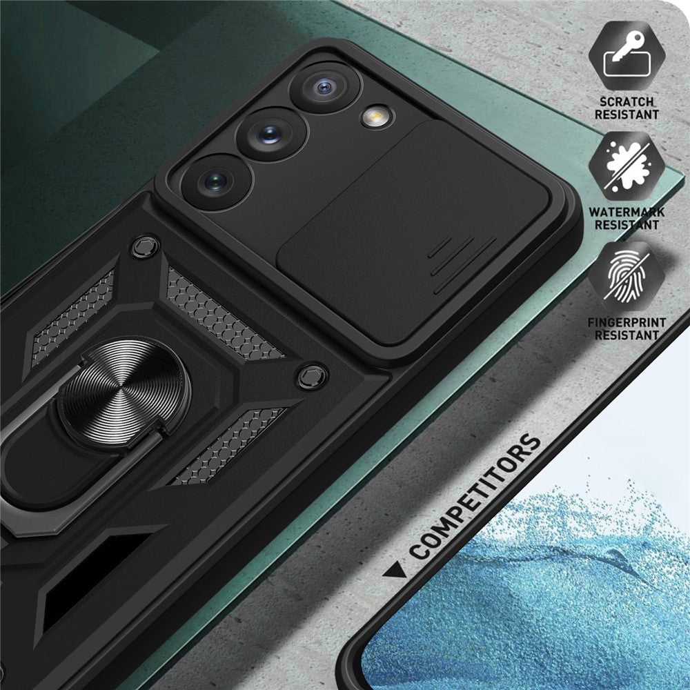 Anti-scratch Phone Case For Samsung Galaxy S23+, Ring Kickstand PC + TPU Back Cover with Slide Camera Protector