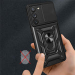 Anti-scratch Phone Case For Samsung Galaxy S23+, Ring Kickstand PC + TPU Back Cover with Slide Camera Protector