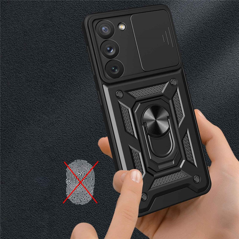 Anti-scratch Phone Case For Samsung Galaxy S23+, Ring Kickstand PC + TPU Back Cover with Slide Camera Protector