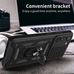 Anti-scratch Phone Case For Samsung Galaxy S23+, Ring Kickstand PC + TPU Back Cover with Slide Camera Protector