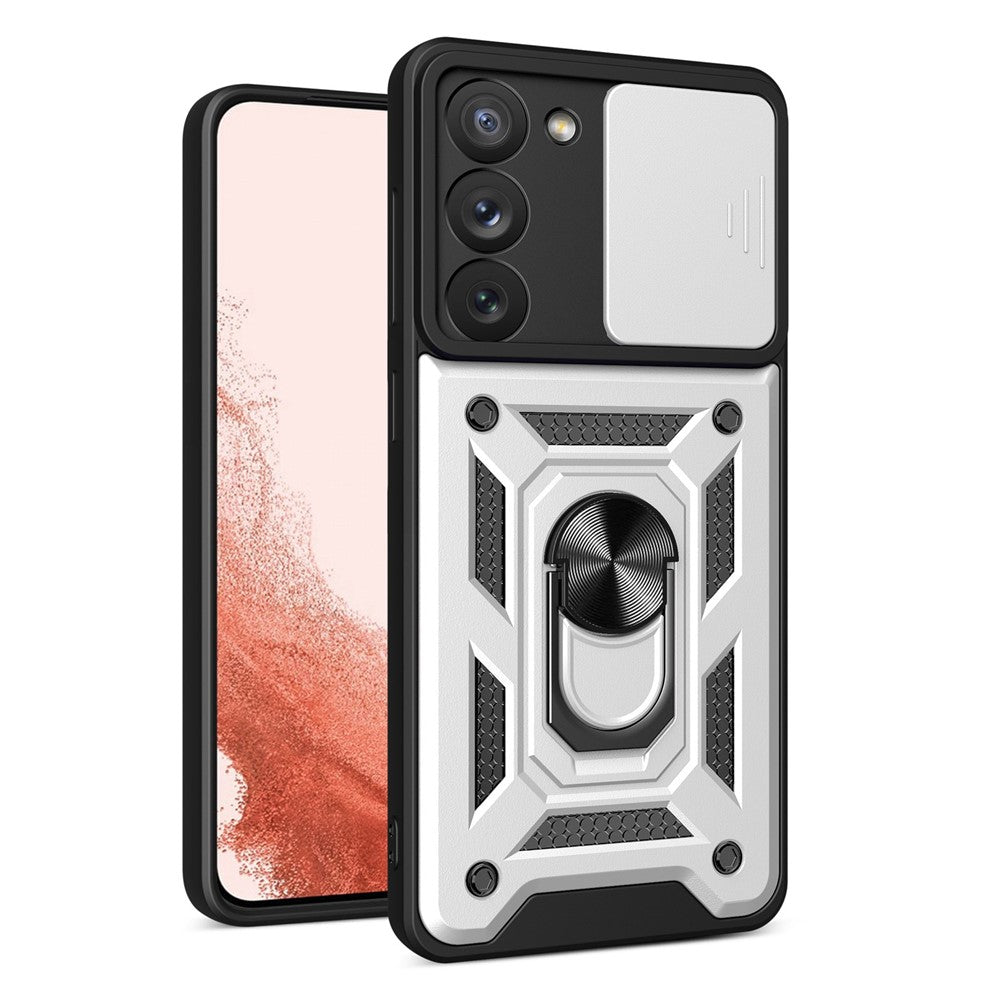 Anti-scratch Phone Case For Samsung Galaxy S23+, Ring Kickstand PC + TPU Back Cover with Slide Camera Protector