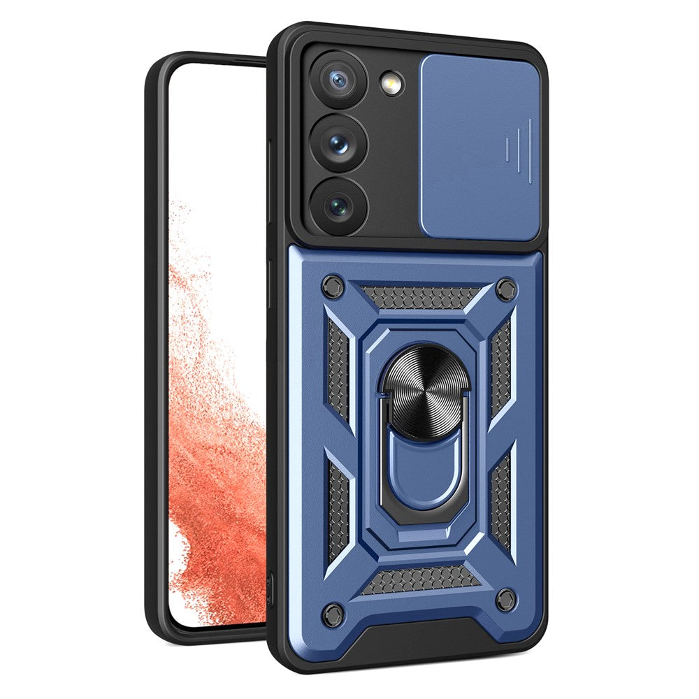 Anti-scratch Phone Case For Samsung Galaxy S23+, Ring Kickstand PC + TPU Back Cover with Slide Camera Protector