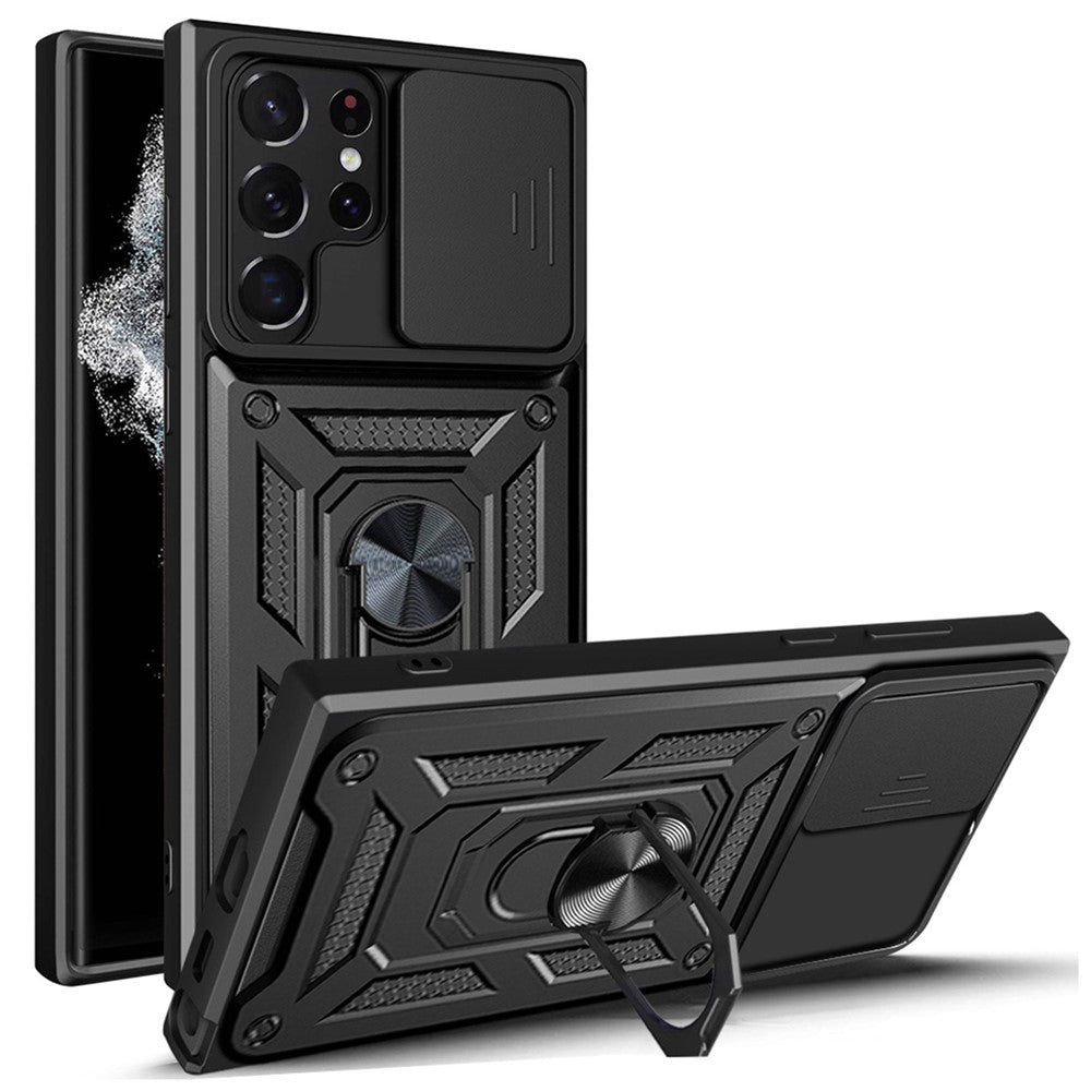 For Samsung Galaxy S23 Ultra Anti-fall Phone Case Ring Kickstand PC + TPU Smartphone Cover with Slide Camera Protector