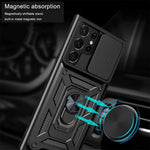 For Samsung Galaxy S23 Ultra Anti-fall Phone Case Ring Kickstand PC + TPU Smartphone Cover with Slide Camera Protector