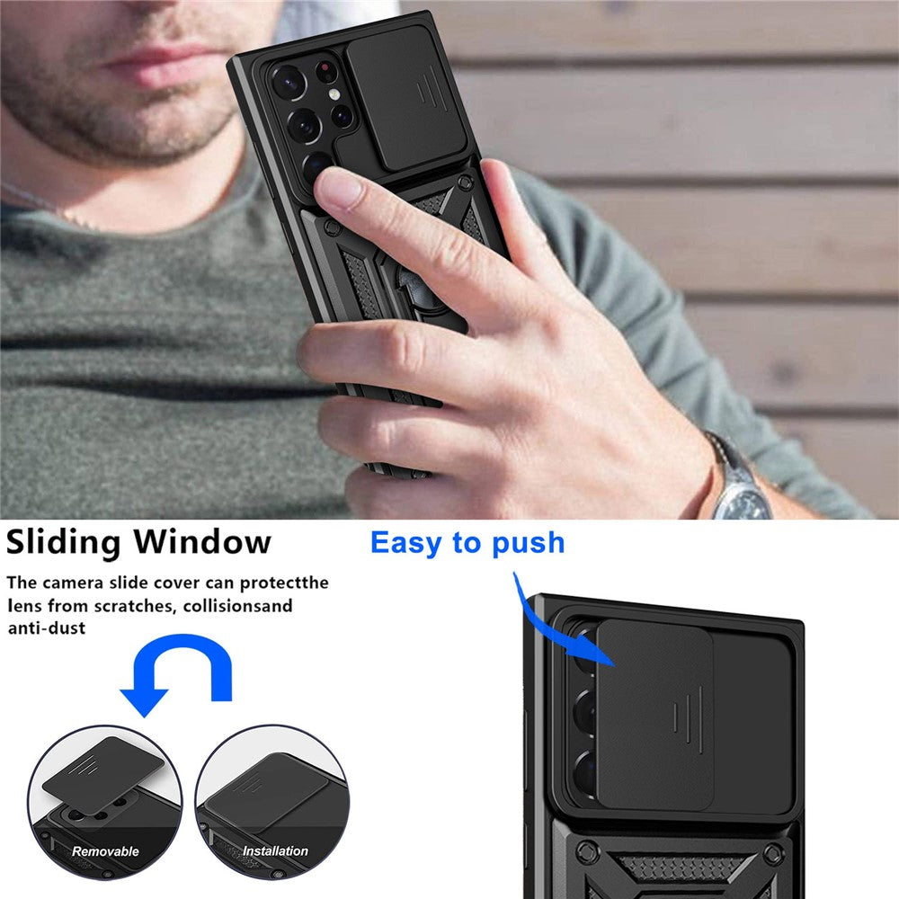 For Samsung Galaxy S23 Ultra Anti-fall Phone Case Ring Kickstand PC + TPU Smartphone Cover with Slide Camera Protector
