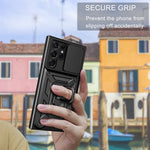 For Samsung Galaxy S23 Ultra Anti-fall Phone Case Ring Kickstand PC + TPU Smartphone Cover with Slide Camera Protector