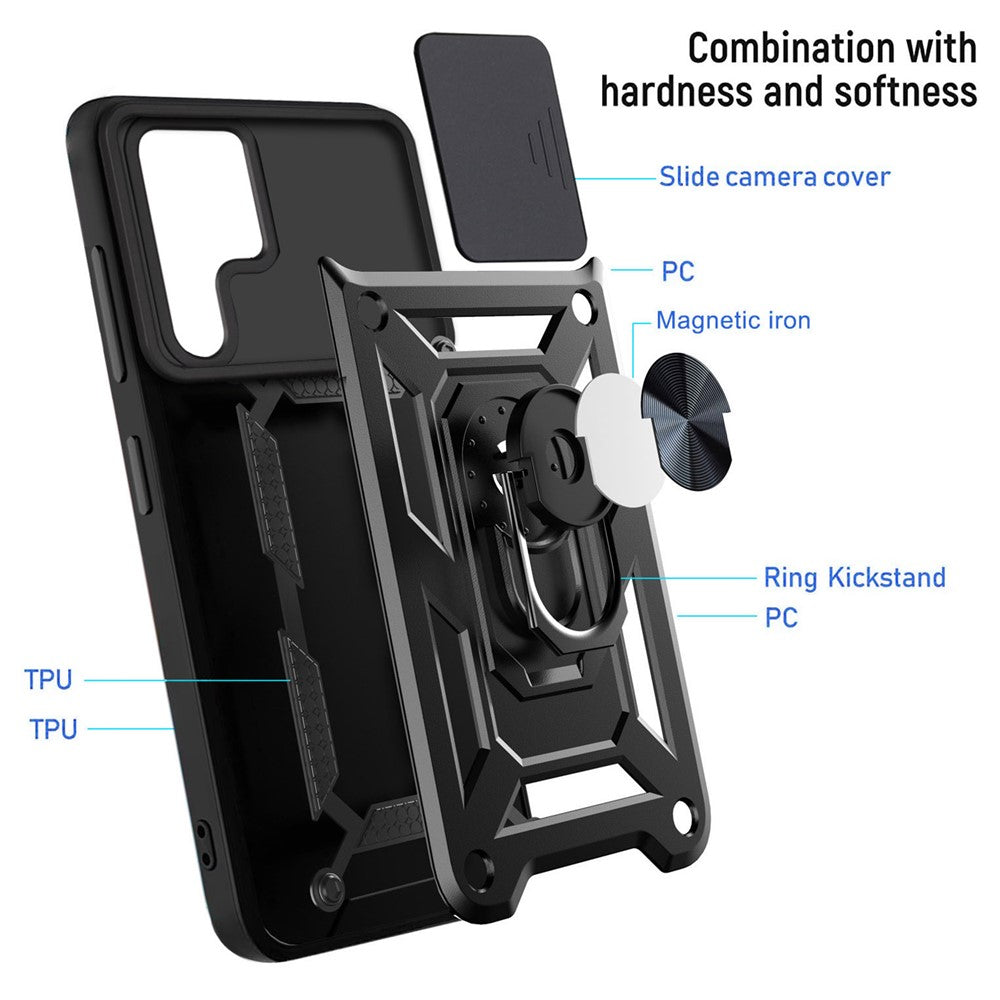 For Samsung Galaxy S23 Ultra Anti-fall Phone Case Ring Kickstand PC + TPU Smartphone Cover with Slide Camera Protector