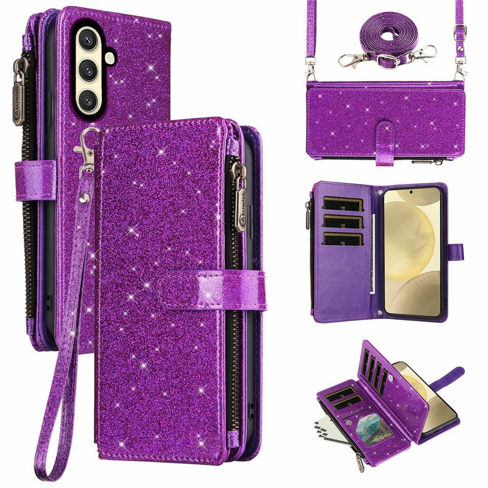 ASUWISH For Samsung Galaxy S25 FE Case 10 Card Holder Glitter Leather Phone Cover with Crossbody Strap