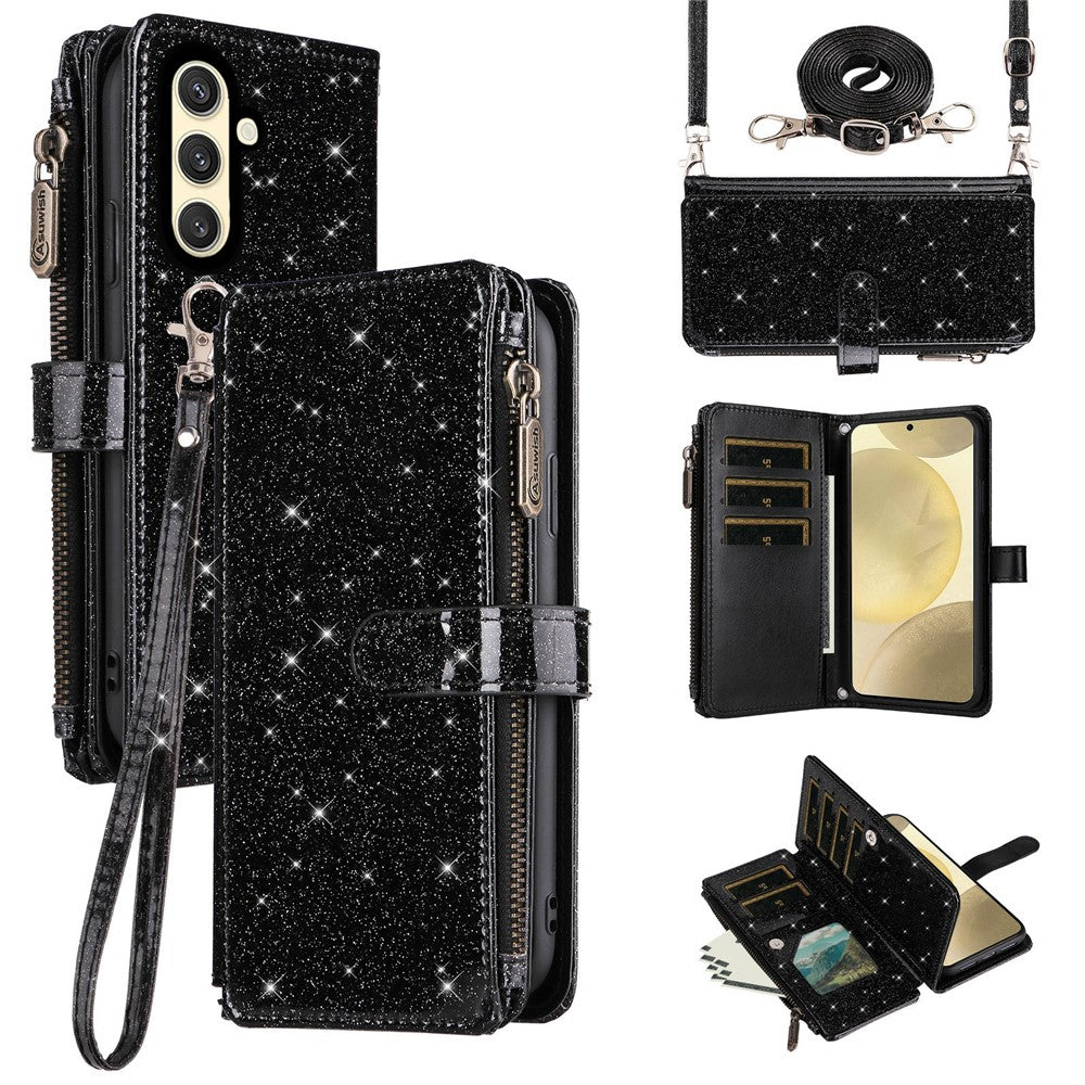 ASUWISH Til Samsung Galaxy S24 FE Etui 10 Kortlommer Glitter Læder Telefoncover med Crossbody Rem