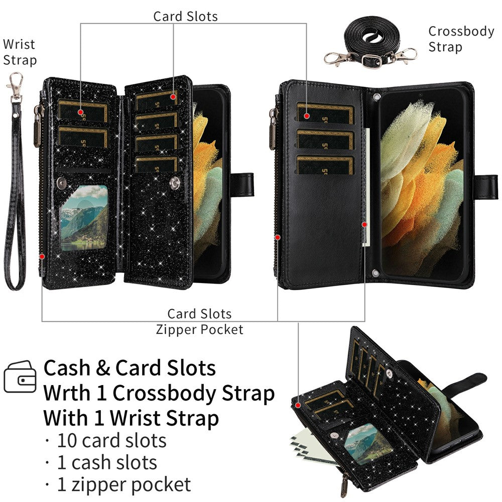 ASUWISH Til Samsung Galaxy S24 FE Etui 10 Kortlommer Glitter Læder Telefoncover med Crossbody Rem