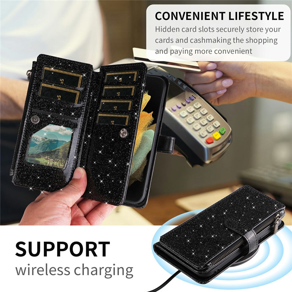 ASUWISH Til Samsung Galaxy S24 FE Etui 10 Kortlommer Glitter Læder Telefoncover med Crossbody Rem