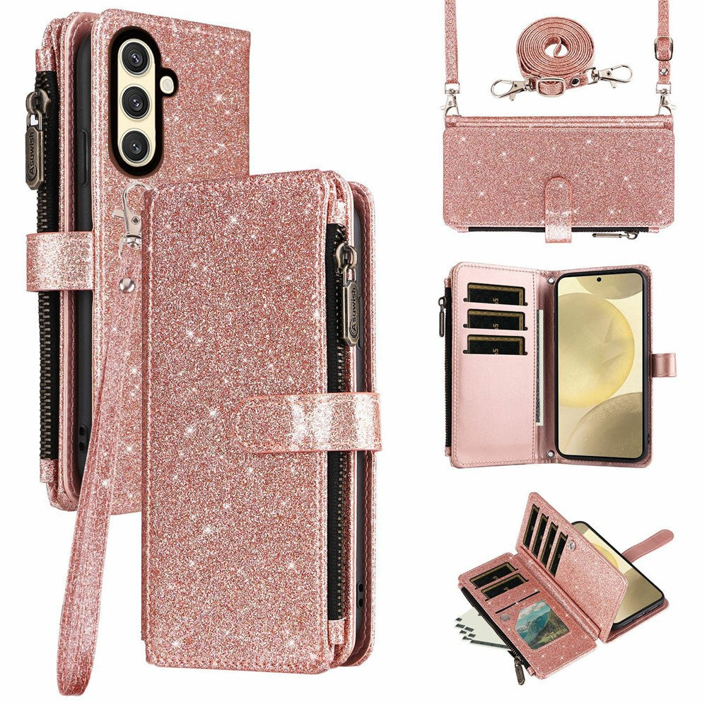 ASUWISH Til Samsung Galaxy S24 FE Etui 10 Kortlommer Glitter Læder Telefoncover med Crossbody Rem