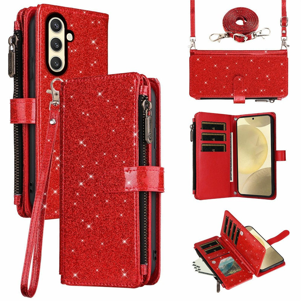 ASUWISH For Samsung Galaxy S23 FE Case 10 Card Holder Glitter Leather Phone Cover with Crossbody Strap