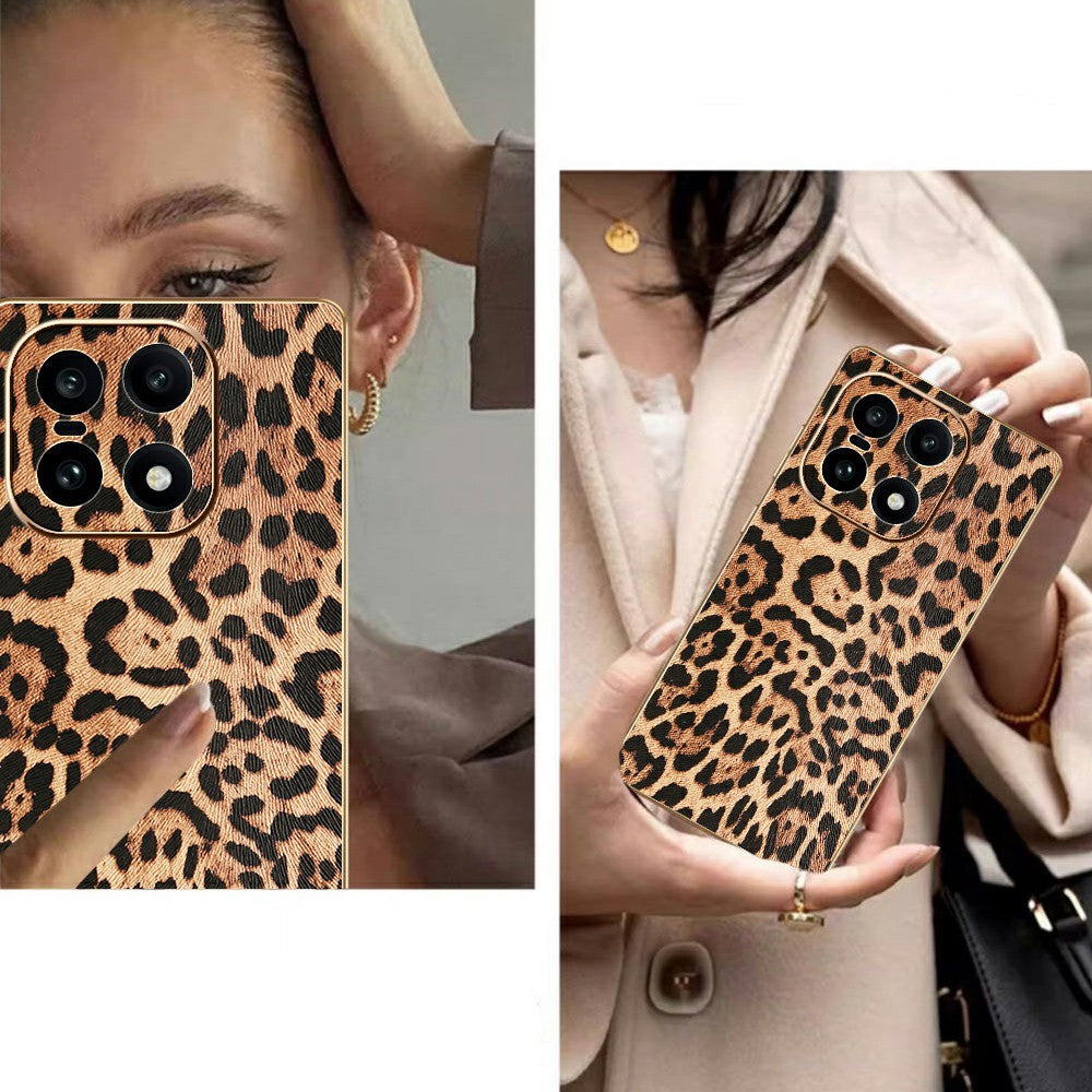 For OnePlus 15 5G Case Leopard Print PU Leather Coated PC + TPU Electroplating Phone Cover