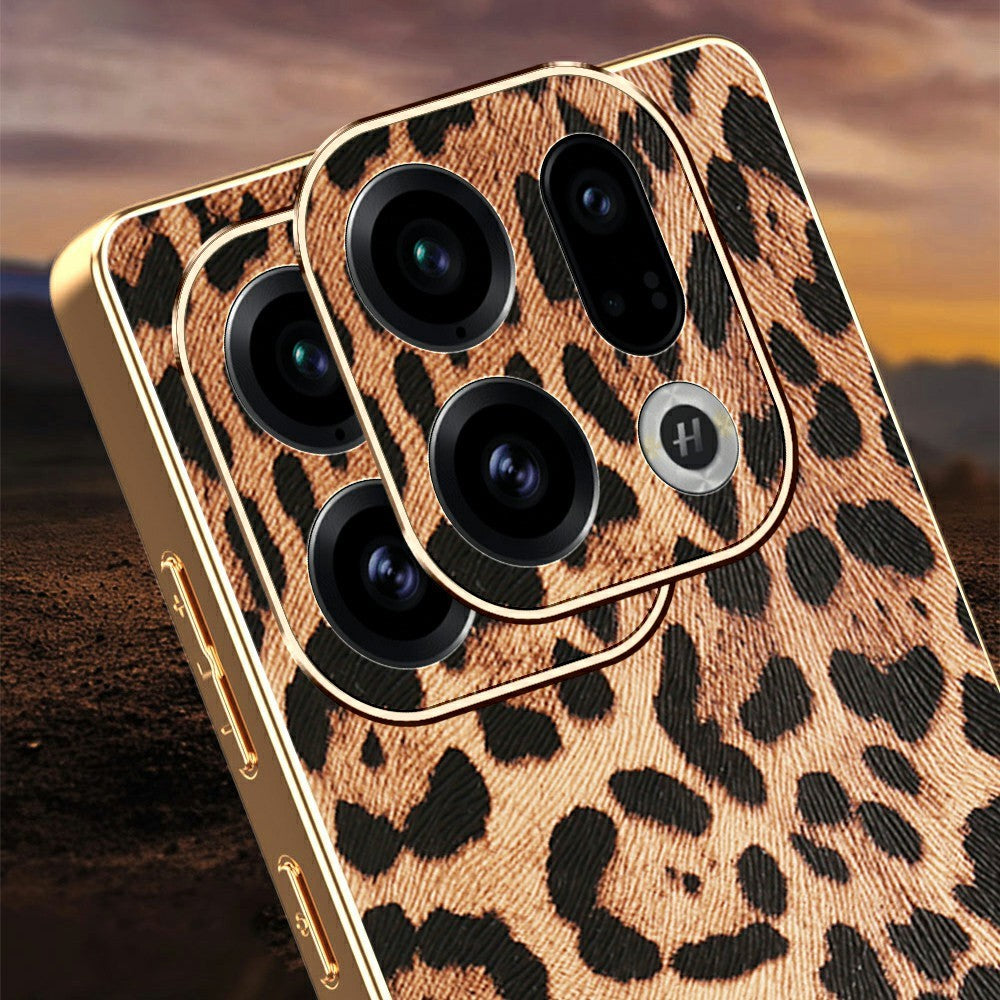 For Oppo Find X9 5G Case Leopard Print PU Leather Coated PC + TPU Electroplating Phone Cover