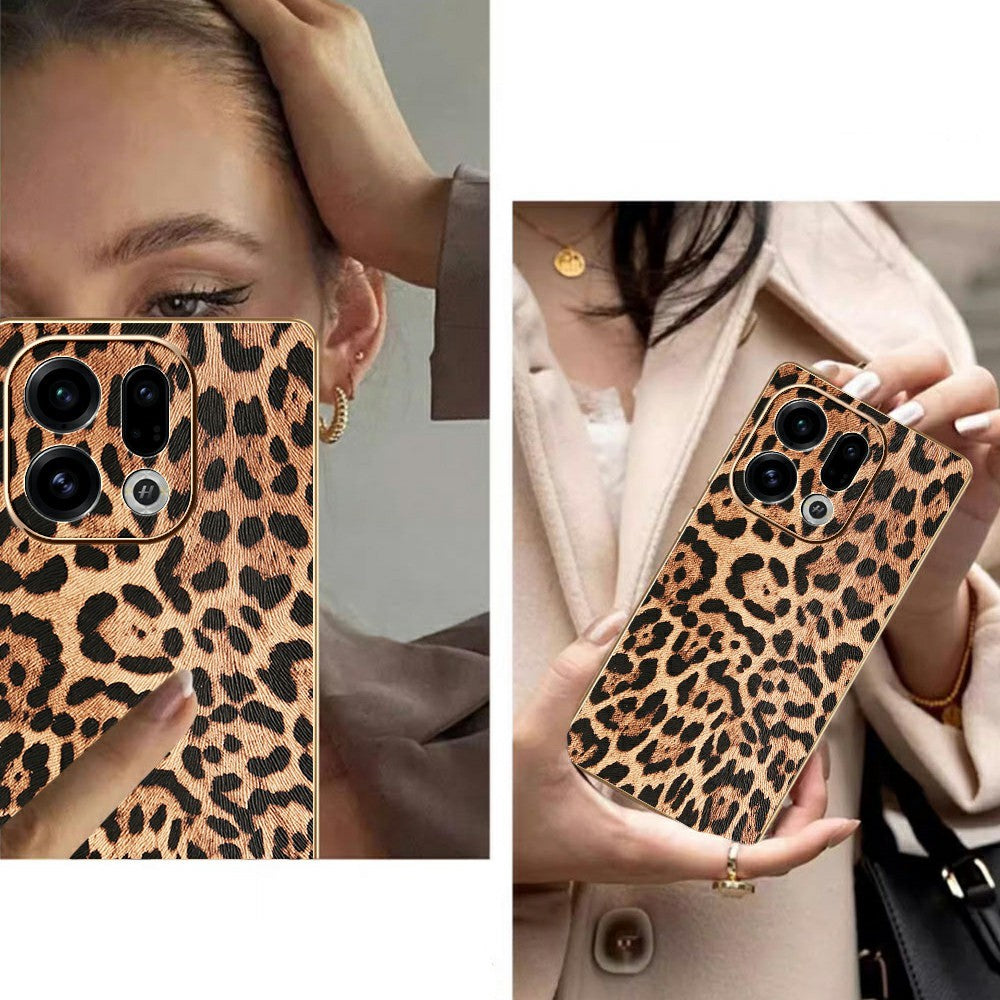 For Oppo Find X9 5G Case Leopard Print PU Leather Coated PC + TPU Electroplating Phone Cover