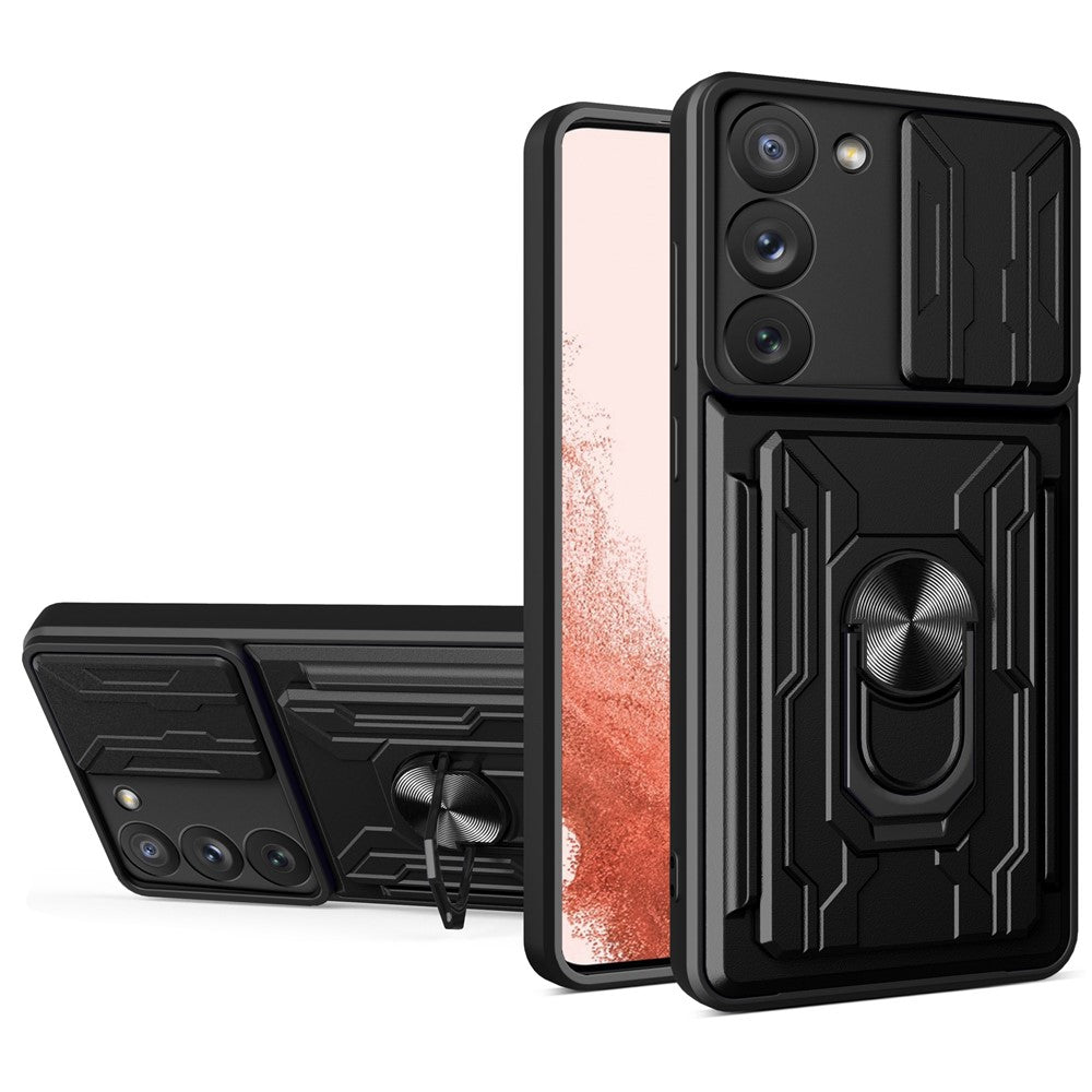 For Samsung Galaxy S23+ Card Holder Design Magnetic Ring Kickstand Anti-fall Phone Case PC + TPU Hybrid Phone Protector with Slide Camera Cover