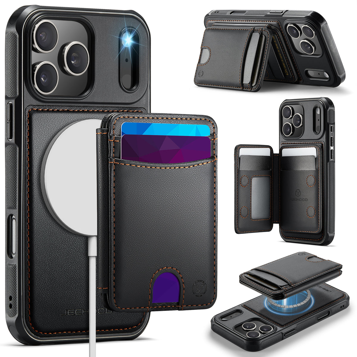 JEEHOOD J10 For iPhone 17 Pro Case with Detachable Card Holder Kickstand Compatible with MagSafe Leather Back Phone Cover