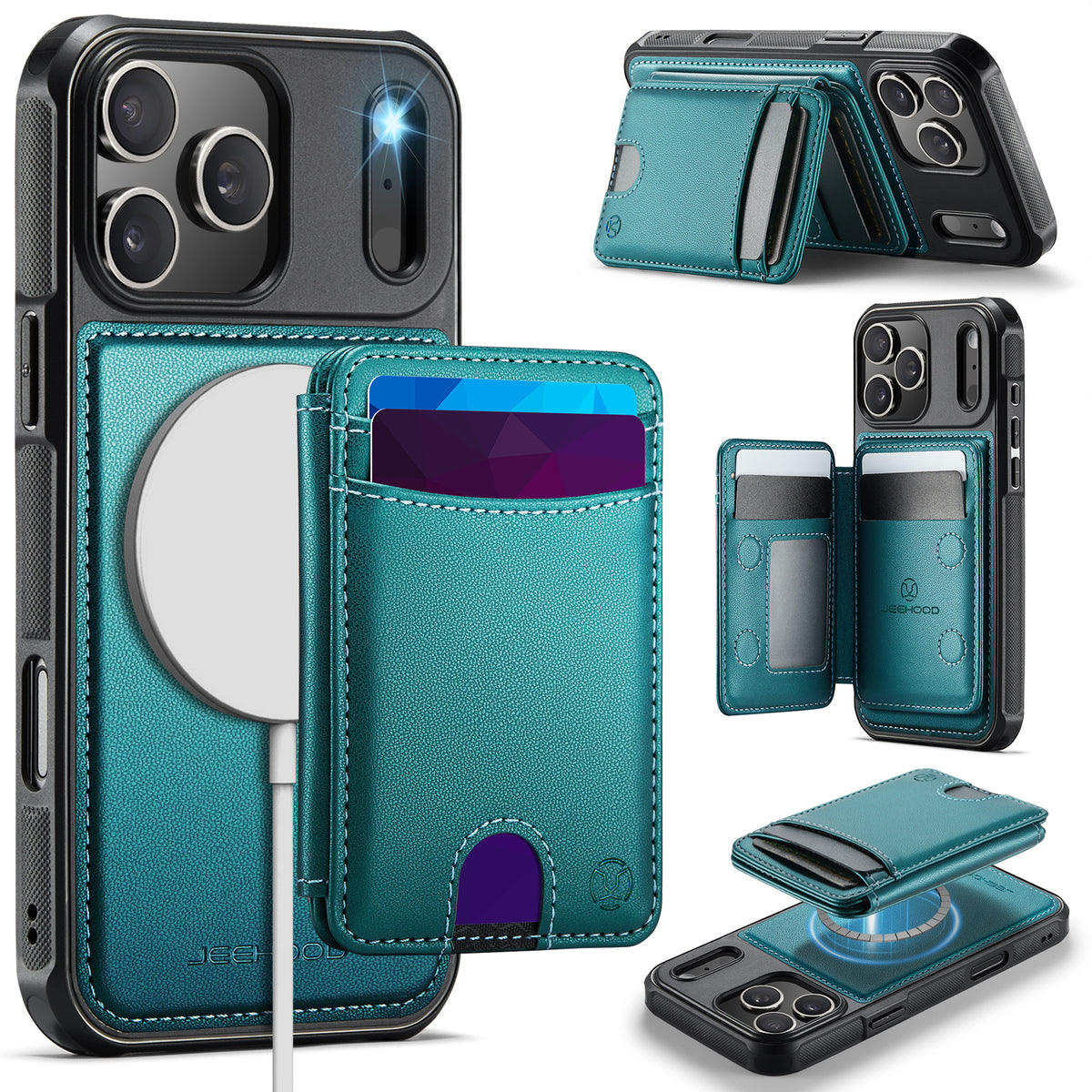 JEEHOOD J10 For iPhone 17 Pro Case with Detachable Card Holder Kickstand Compatible with MagSafe Leather Back Phone Cover