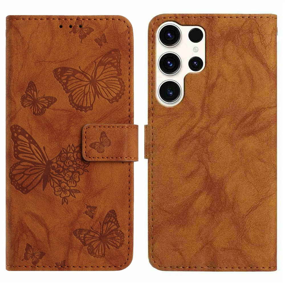 For Samsung Galaxy S25 Ultra Leather Case Butterfly Flower Imprinted Wallet Stand Flip Phone Cover with Wrist Strap