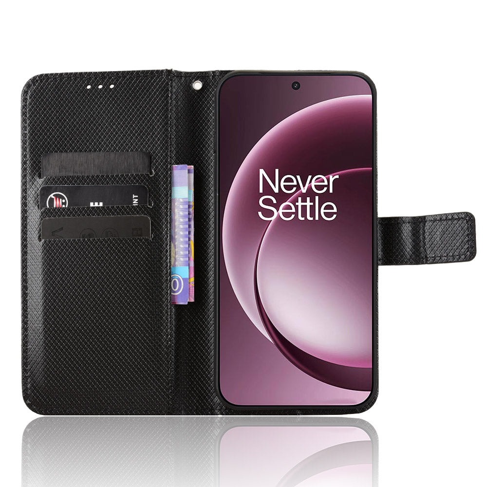 For OnePlus 15 5G Leather Wallet Case with Strap Diamond Texture Phone Cover