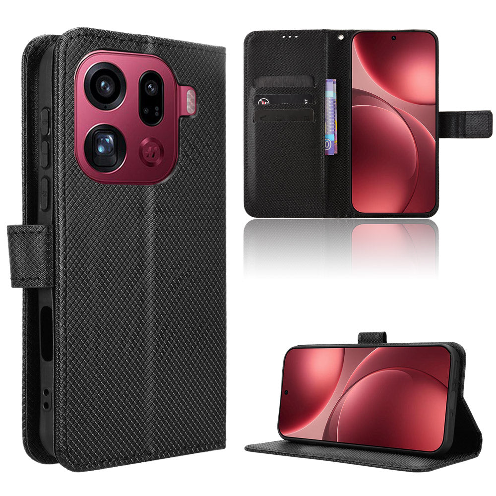 For Oppo Find X9 Pro 5G Leather Wallet Case with Strap Diamond Texture Phone Cover