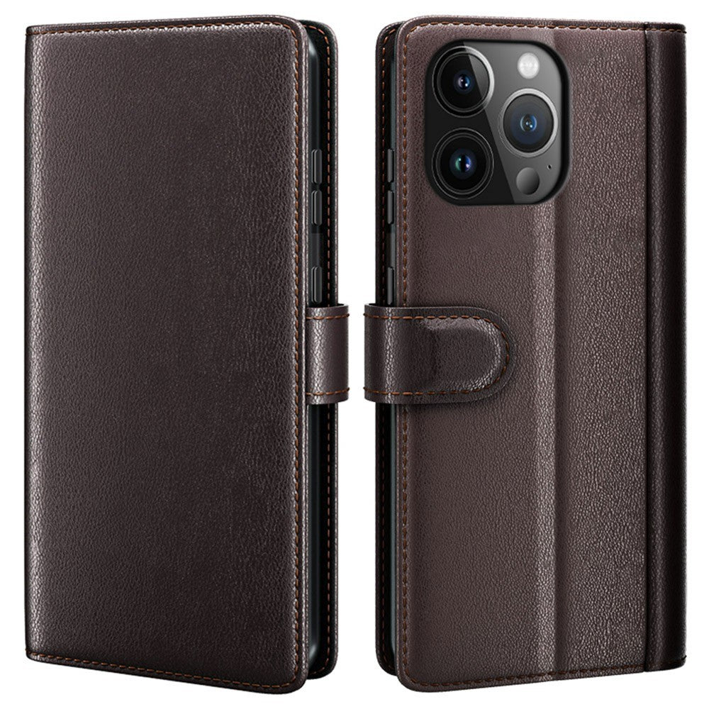 AMORUS For iPhone 13 Pro Max Stand Cases Calf Texture Genuine Split Leather Wallet Phone Cover
