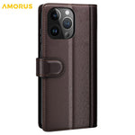 AMORUS For iPhone 13 Pro Max Stand Cases Calf Texture Genuine Split Leather Wallet Phone Cover