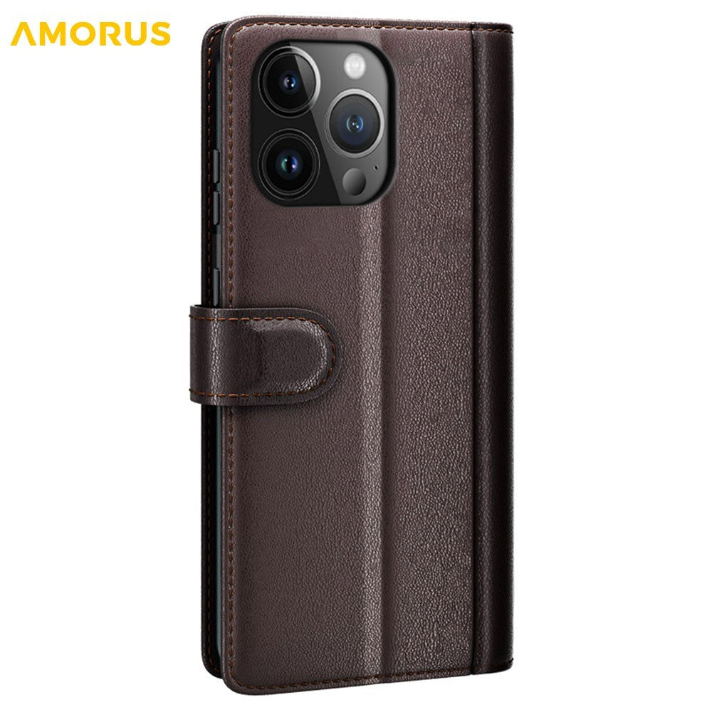 AMORUS For iPhone 13 Pro Max Stand Cases Calf Texture Genuine Split Leather Wallet Phone Cover