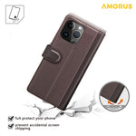 AMORUS For iPhone 13 Pro Max Stand Cases Calf Texture Genuine Split Leather Wallet Phone Cover