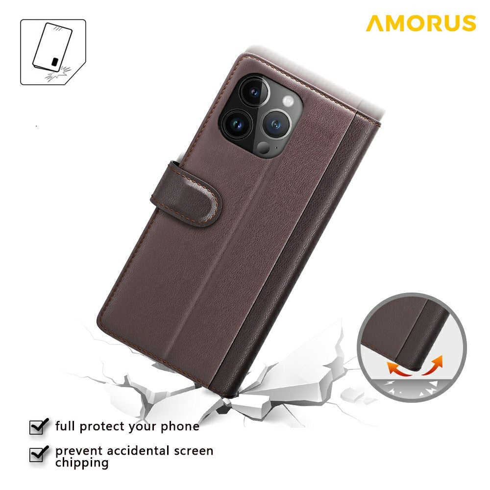 AMORUS For iPhone 13 Pro Max Stand Cases Calf Texture Genuine Split Leather Wallet Phone Cover
