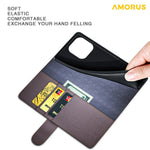 AMORUS For iPhone 13 Pro Max Stand Cases Calf Texture Genuine Split Leather Wallet Phone Cover
