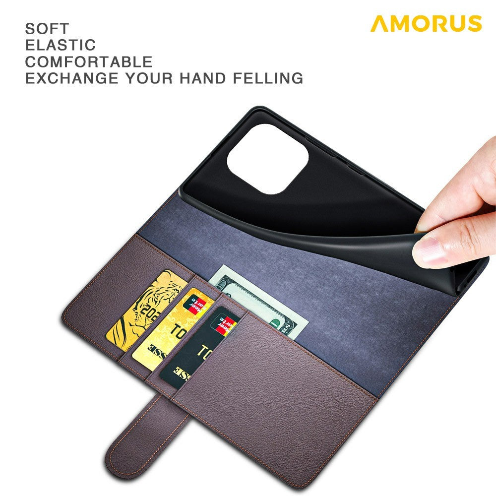 AMORUS For iPhone 13 Pro Max Stand Cases Calf Texture Genuine Split Leather Wallet Phone Cover