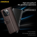 AMORUS For iPhone 13 Pro Max Stand Cases Calf Texture Genuine Split Leather Wallet Phone Cover