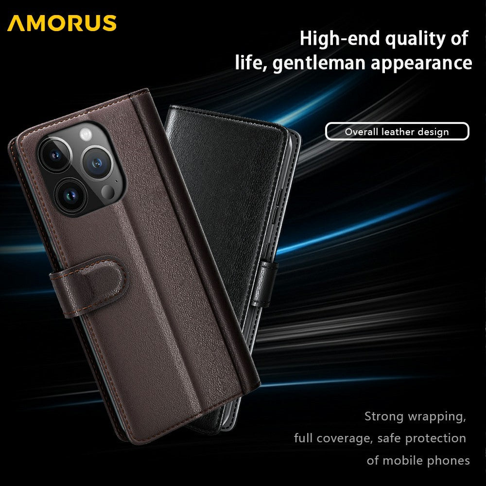 AMORUS For iPhone 13 Pro Max Stand Cases Calf Texture Genuine Split Leather Wallet Phone Cover