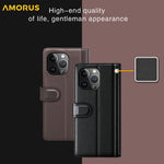 AMORUS For iPhone 13 Pro Max Stand Cases Calf Texture Genuine Split Leather Wallet Phone Cover