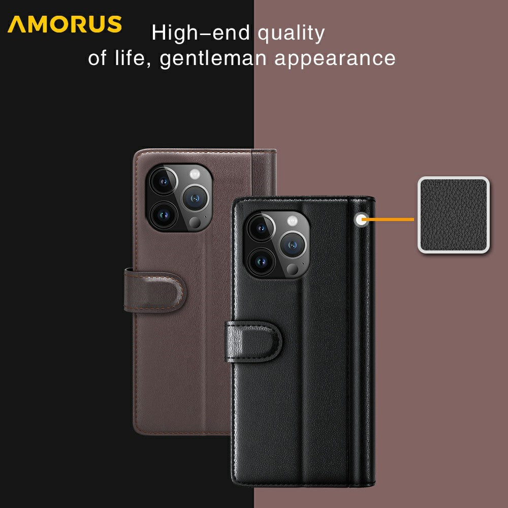 AMORUS For iPhone 13 Pro Max Stand Cases Calf Texture Genuine Split Leather Wallet Phone Cover