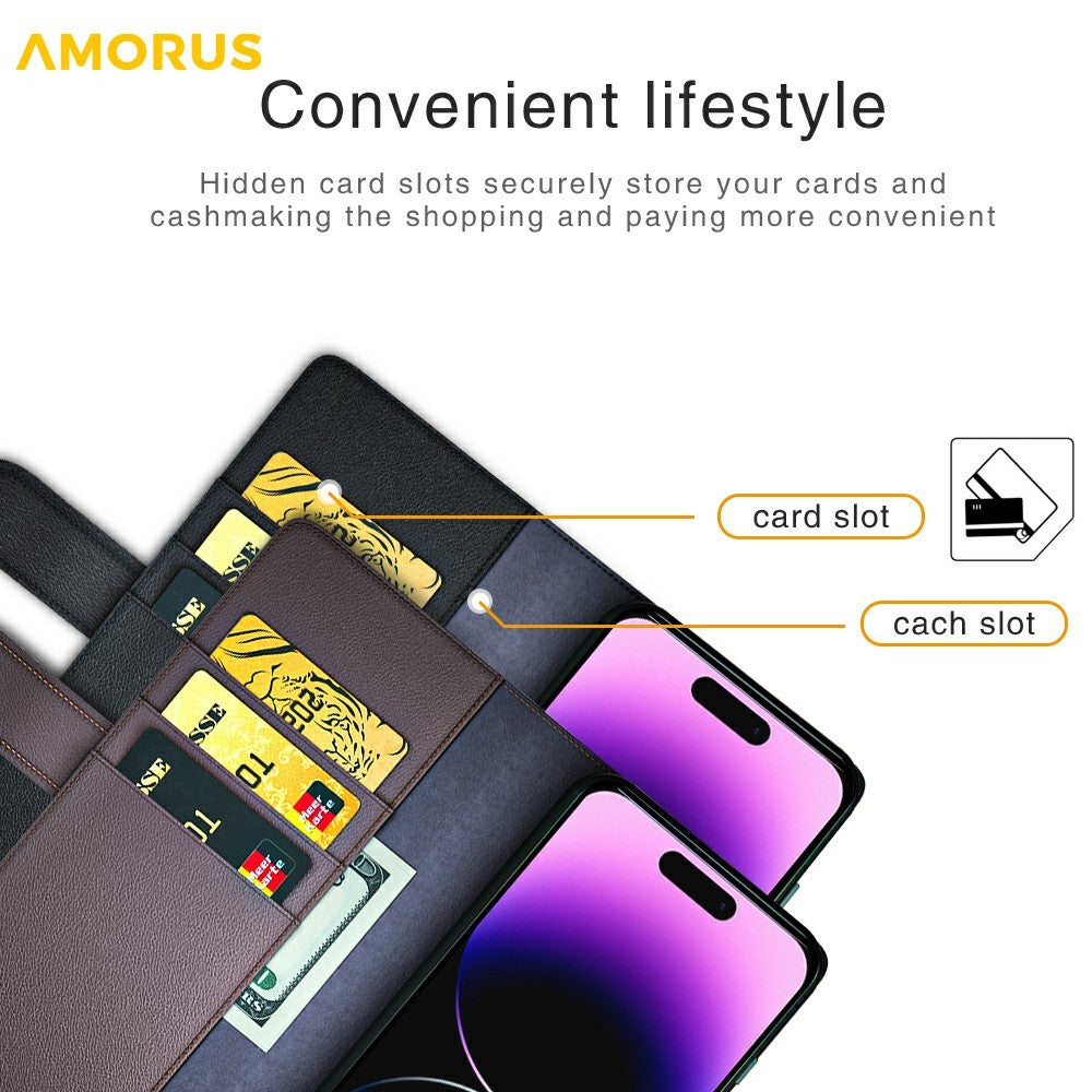 AMORUS For iPhone 13 Pro Max Stand Cases Calf Texture Genuine Split Leather Wallet Phone Cover