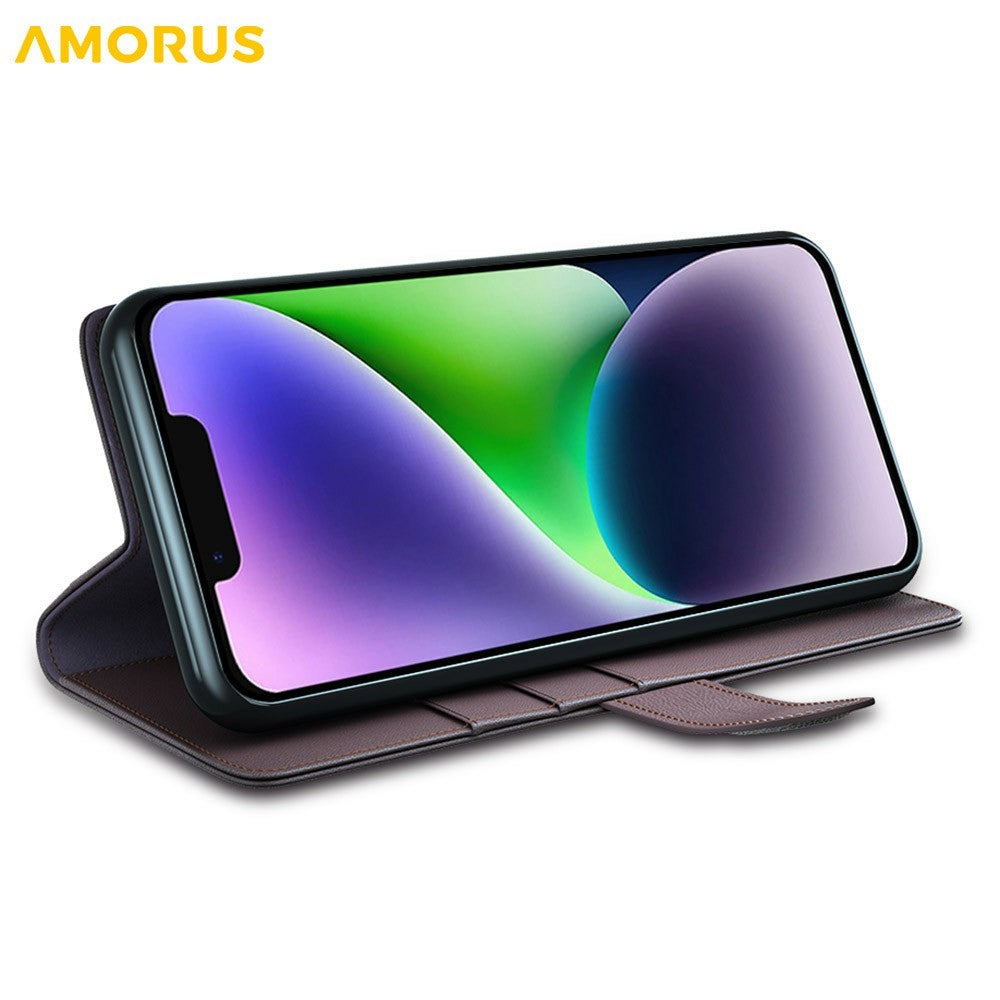 AMORUS For iPhone 13 Stand Cases Calf Texture Genuine Split Leather Wallet Phone Cover