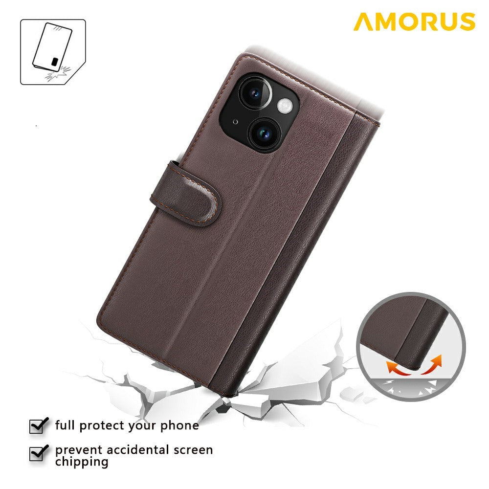 AMORUS For iPhone 13 Stand Cases Calf Texture Genuine Split Leather Wallet Phone Cover
