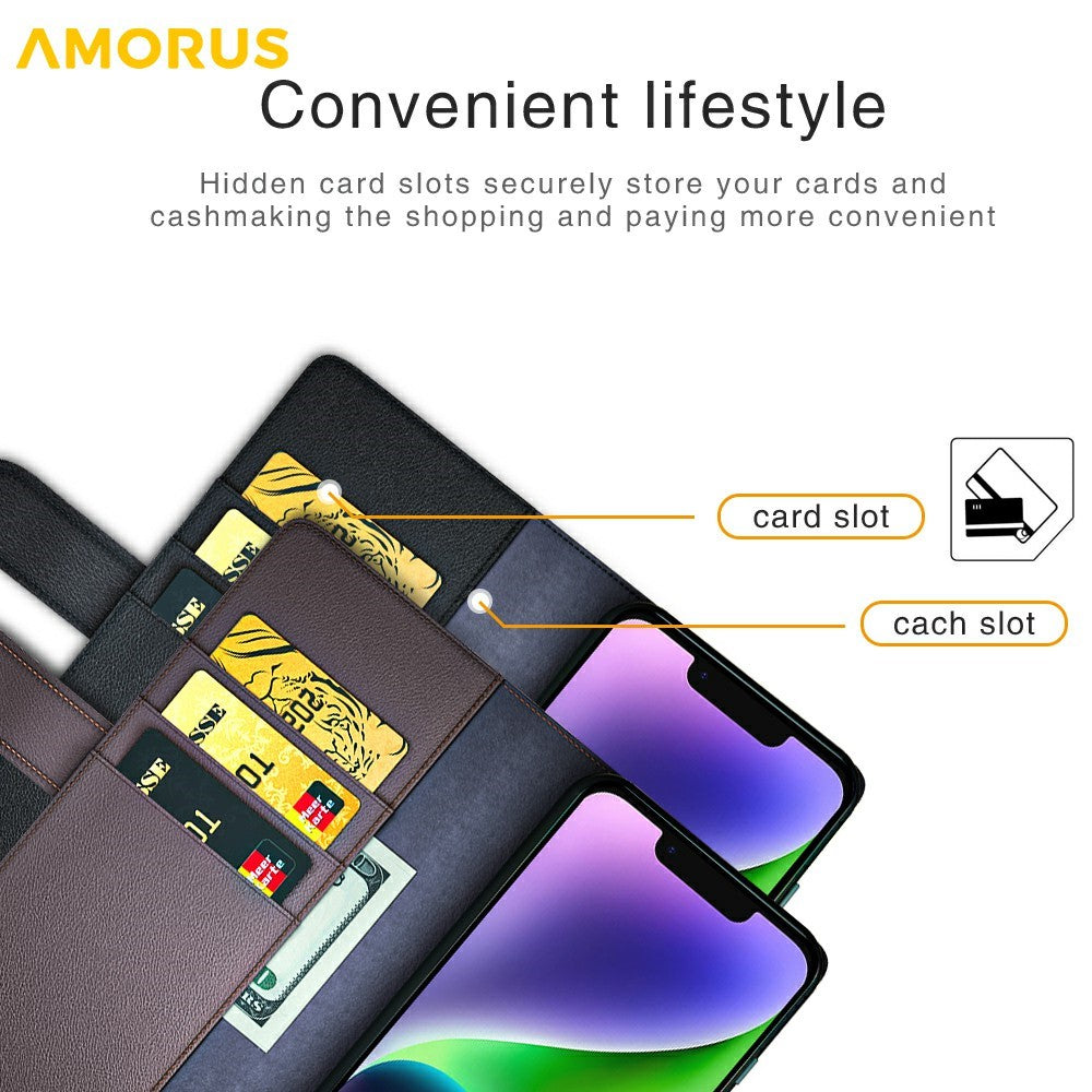 AMORUS For iPhone 13 Stand Cases Calf Texture Genuine Split Leather Wallet Phone Cover