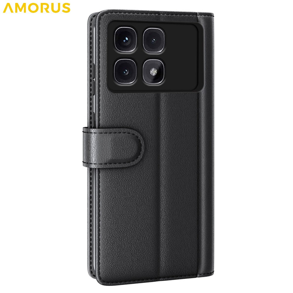 AMORUS För Xiaomi Redmi K70 Ultra Stativskal Kalvstruktur Äkta Splitläder Plånboksfodral