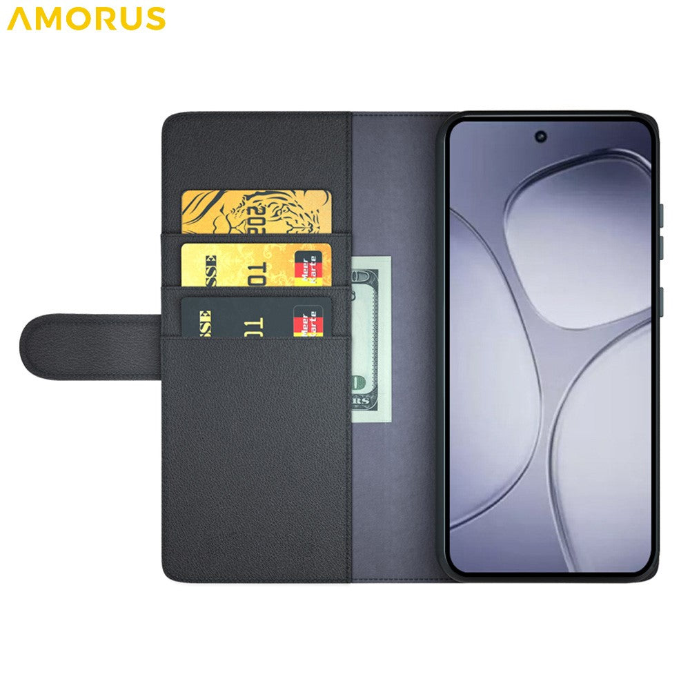 AMORUS För Xiaomi Redmi K70 Ultra Stativskal Kalvstruktur Äkta Splitläder Plånboksfodral