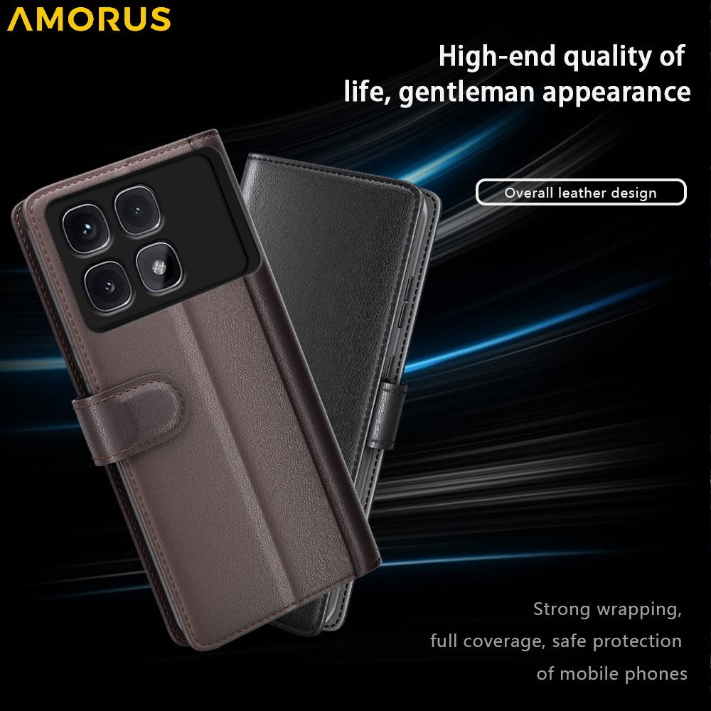 AMORUS För Xiaomi Redmi K70 Ultra Stativskal Kalvstruktur Äkta Splitläder Plånboksfodral